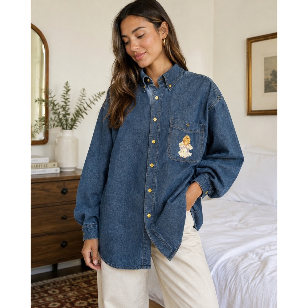 Real Good Denim by AllSport Women's Denim Button Down Shirt Angel Pocket Size L